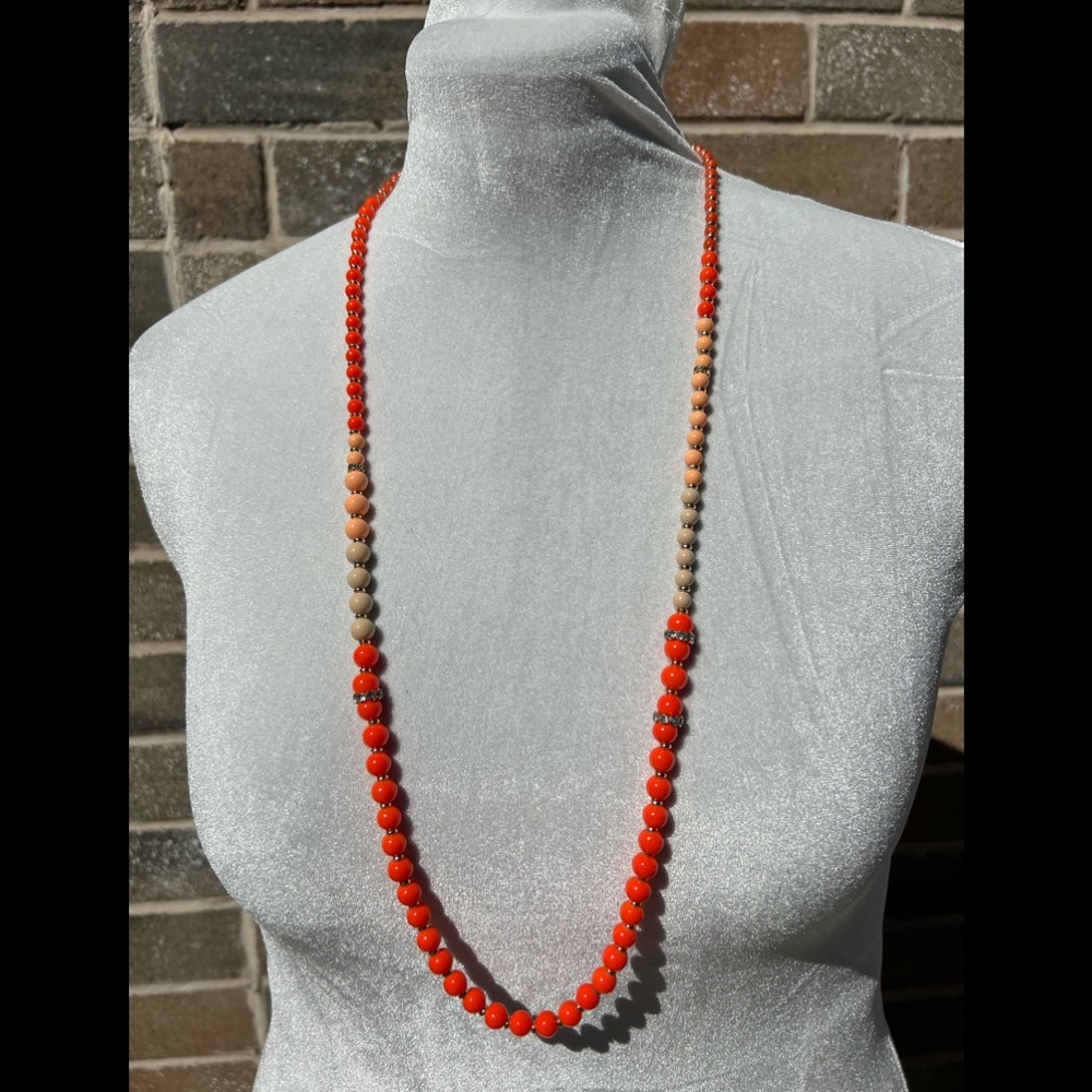 Ann Taylor long beaded necklace Orange & Gold beads along with crystals
